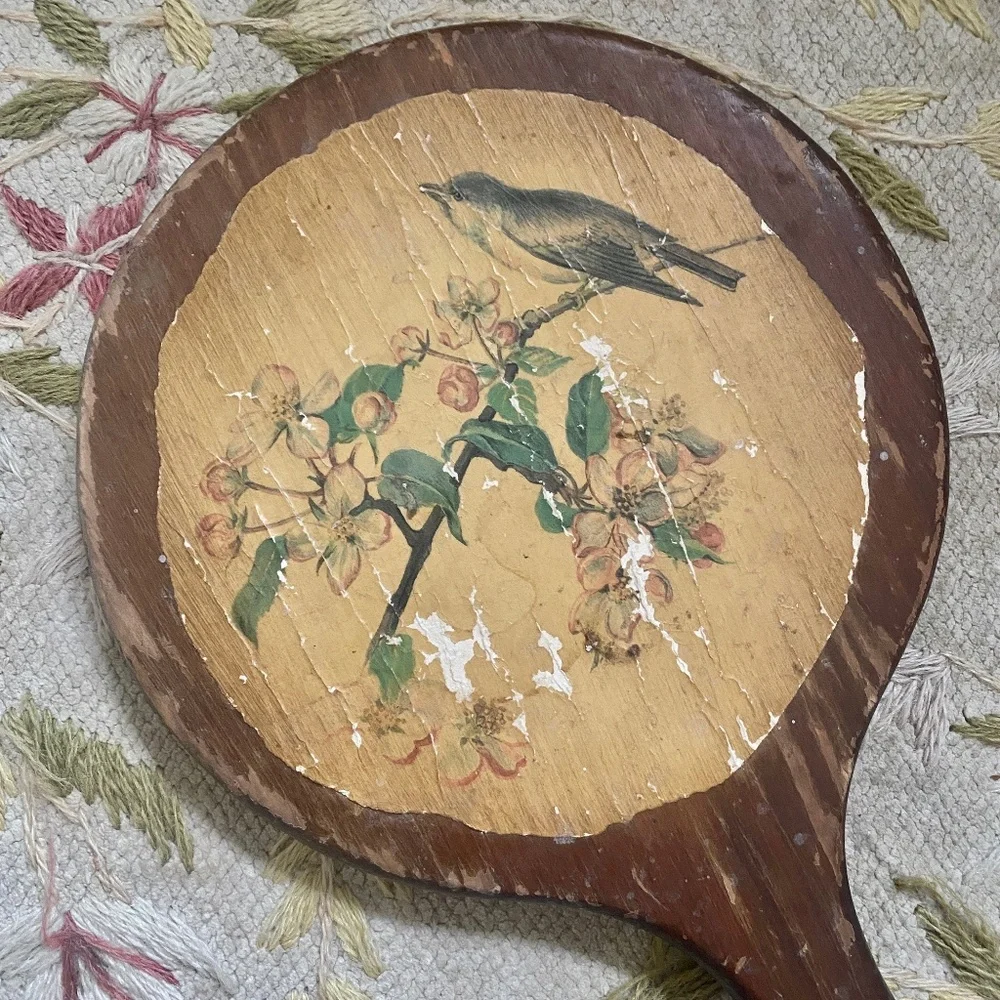 VTG I Long Handle Round Wood Hand Mirror Bird Dogwood Flowers